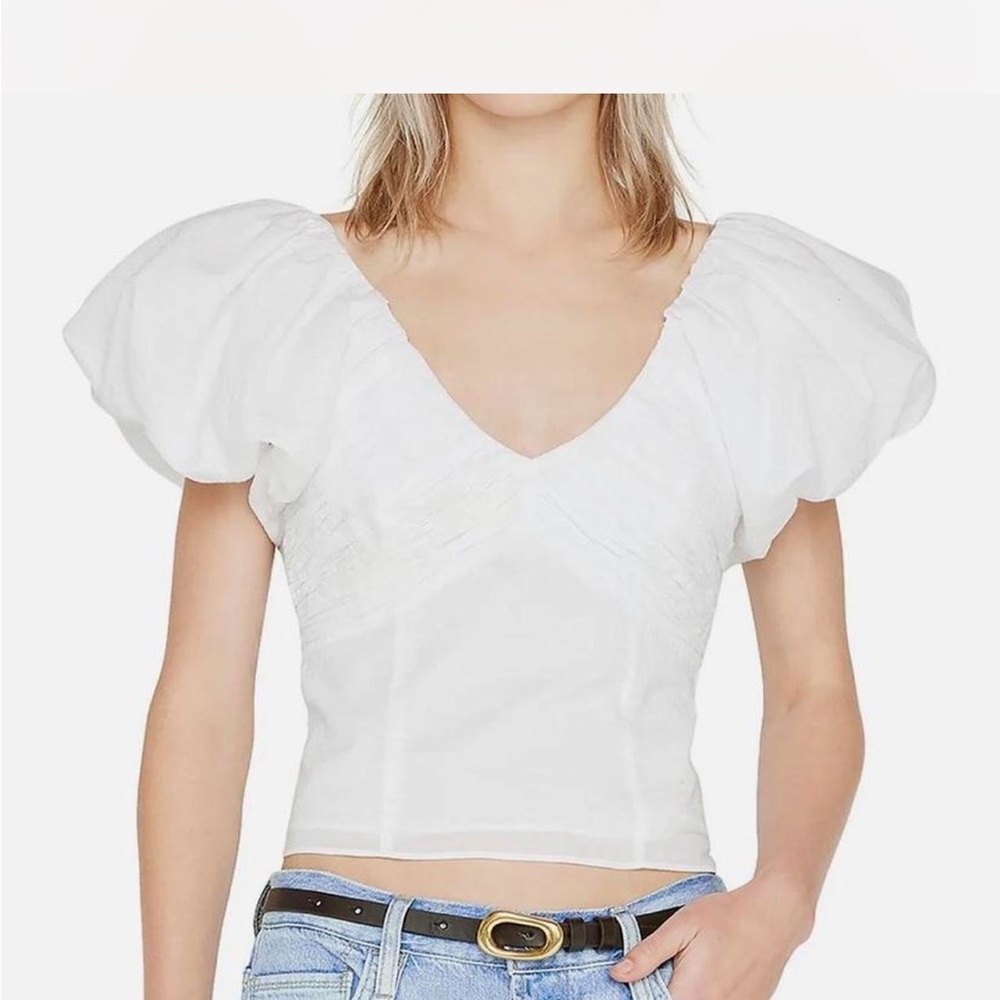 FRAME Womens White Shutter Pleat Puff Sleeve Top Cropped Shirt